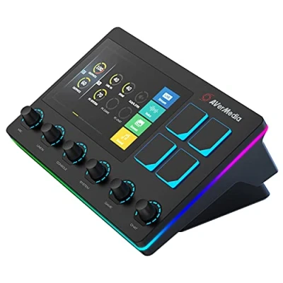 Abbildung von AVerMedia Live Streamer AX310 6 Spuren Audio Mixer mit IPS Touchscreen zur Interaktion sowie Aktionen für OBS, Streamlabs Spotify, VTube