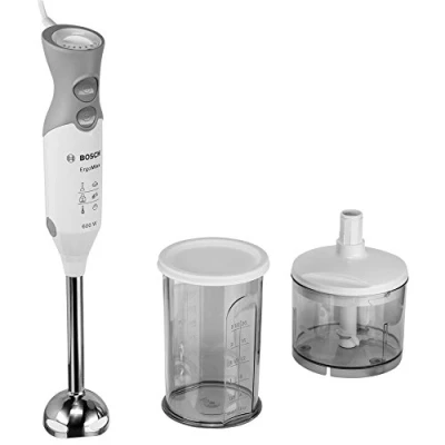 Abbildung von Bosch Stabmixer ErgoMixx MSM66120, Edelstahl Mixfuß, Mix und Messbecher, 4 Klingen Messer, ergonomisches Design, 12 Stufen plus Turbo, 600 W, weiß/grau