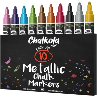 Abbildung von Chalkola Kreidestifte für Tafel Abwaschbar 10 Metallic Stifte mit 6mm Umkehrbare Spitze Kreide Stift Fenster, Tafel, Whiteboard und als Glasstift Chalk Markers Erwachsene &amp; Kinder