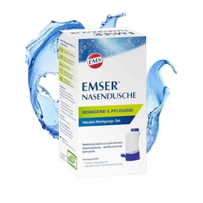 Abbildung von Emser Nasendusche inkl. Nasenspülsalz Nasenspülung zur Vorbeugung von Erkältungskrankheiten, bei Allergien und Nasenpflege 4 x 2,5 g Beutel
