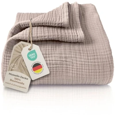 Abbildung von LAYNENBURG Premium Musselin Tagesdecke 220x240 cm XXL 100% Baumwolle extraweiche Baumwolldecke als Kuscheldecke, Bett Überwurf, Sofa Couch Überwurf warme Decke (Taupe)