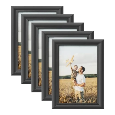 Abbildung von WOLTU Bilderrahmen 10x15cm 5er Set Fotorahmen Holzrahmen mit Passepartout, zum vertikalen oder horizontalen Aufhängen/Aufstellen, Posterrahmen Collage Wanddeko, Schwarz