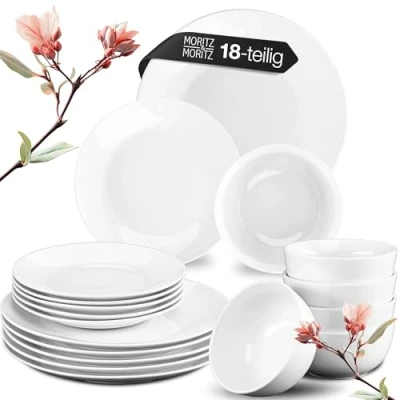 Abbildung von Moritz &amp; BASIC 18 tlg. Geschirrset 6 Personen modern aus hochwertigem Porzellan in klassischem Weiß bestehend 6x Dinnerteller, Dessertteller Schalen