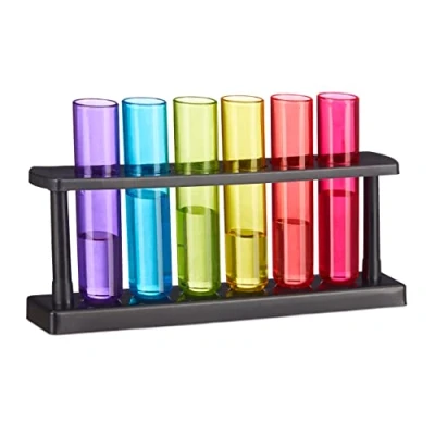 Abbildung von Relaxdays, bunt Reagenzgläser Shotgläser, 6 witzige Schnapsgläser mit Ständer, 4 cl, Test Tubes für Shots, Kunststoff, teiliges Set
