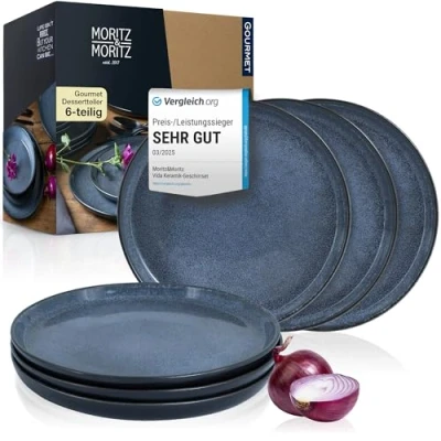 Abbildung von Moritz &amp; VIDA 6er Dessertteller Set Blau Stylische Porzellan Frühstücksteller, Kuchenteller für 6 Personen Spülmaschinen und Mikrowellengeeignet