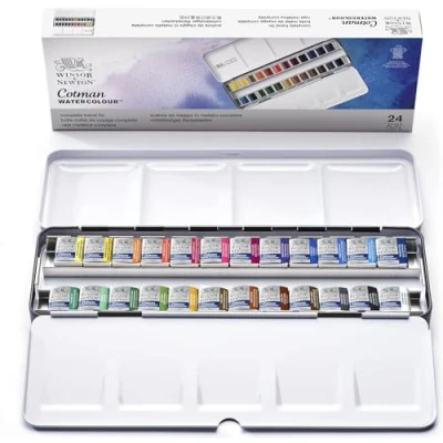 Abbildung von Winsor &amp; Newton 0390645 Cotman Aquarellfarben Metal Sketch Box, 24 lebendige Wasserfarben aus hochwertigen Pigmenten in 1/2 Näpfen mit Mischpalette