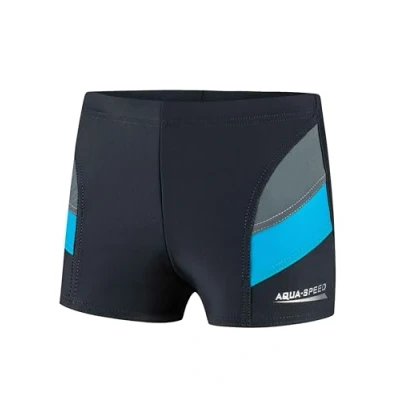 Abbildung von Aqua Speed Boxer Badehose Jungen eng kurz + gratis eBook Triathlon Schwimmhose Jungs Sport UV Jungenbadehose 32. Grau Blau Gr. 128 Andy
