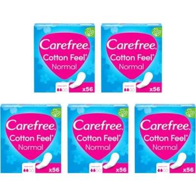 Abbildung von Carefree Slipeinlagen Cotton Feel Normal (5 x 56 Stück), 100% atmungsaktive ohne Duft für ein langanhaltendes Frischegefühl, Größe