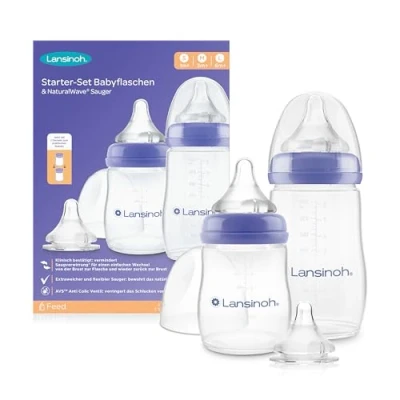 Abbildung von Lansinoh Babyflaschen Starter Set Babyflasche in 160 ml &amp; 240 NaturalWave Sauger Größe S, M, L neues kompaktes Design für verbesserte Stabilität mit stapelbarem Deckel