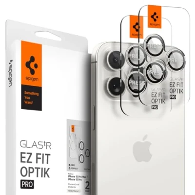 Abbildung von Spigen Glas.tR EZ Fit Optik Pro Kameraschutz kompatibel mit iPhone 15 Pro, Max, 2 Stück, Titan Weiß, Individuelle Kameraprotektion, Anti Kratzer