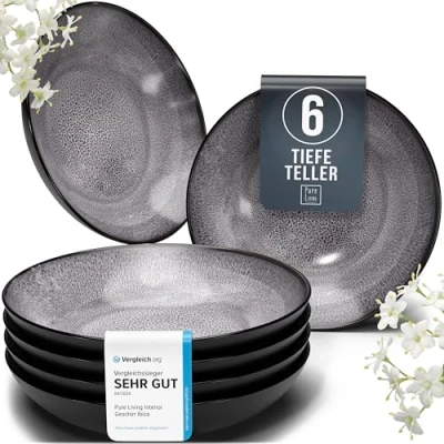 Abbildung von Steingut Suppenteller 6 Pers. Ibiza Hochwertiges Mediterranes TEST SEHR GUT Tiefe Teller Set Kratzfest, Für Spülmaschine, Mikrowelle Pasta Tief Groß Pure Living Geschirr in Grau