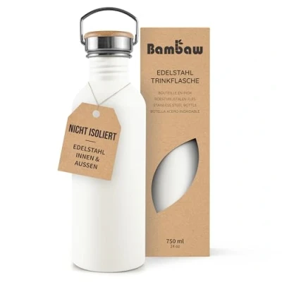 Abbildung von Bambaw Trinkflasche Edelstahl 750ml, Nicht isolierte Weiß, Plastikfrei, Camping Trinkflasche, Wasserflasche Polarweiß