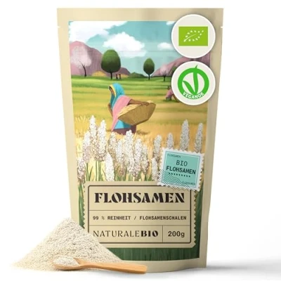 Abbildung von Bio Flohsamenschalen, 99% Reinheit, 200g natürliche Psyllium Samenschalen, Naturbelassen, rein, Ballaststoffreich, Vegan, Zum Auflösen in Wasser, Getränken und Säften, NaturaleBio.