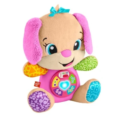 Abbildung von Fisher Price Lernspaß Hundefreundin, sprechendes, singendes Kuscheltier, Baby Spielzeug ab 6 Monate, Interaktiver Hund Lernspielzeug, Deutsche Version, FPP53