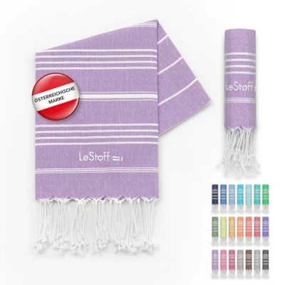 Abbildung von LeStoff Premium Hamamtuch 100% Bio Baumwolle Vorgewaschen, Nachhaltig, Saugstark &amp; Schnelltrocknend Strand, Bade, Dusch, Yoga, Spa Reise Tuch (50 x 100 cm, Lilac)