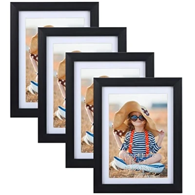 Abbildung von EXYGLO 4er Set Bilderrahmen 13x18 cm mit Passepartout oder 15x20 ohne Passepartout, Klassischer Fotorahmen Schwarz Holzmaserungsrahmen, Wand Tischaufsteller