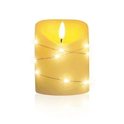 Abbildung von LED Universum Kerze Cynthia 10cm, Echtwachskerze umwickelt mit einer Lichterkette, cremefarben, warmweißes Licht, 5h Timer, Batteriebetrieben: 2x AA (nicht inklusive) (Cynthia 10 cm)