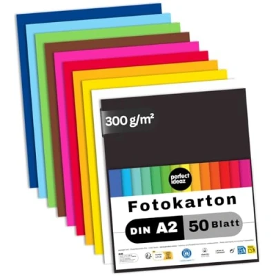 Abbildung von perfect ideaz 50 Blatt Fotokarton DIN A2, 10 Farben, stabiler recycling Karton 300 g/m², Made in Germany, Blauer Engel zertifiziert