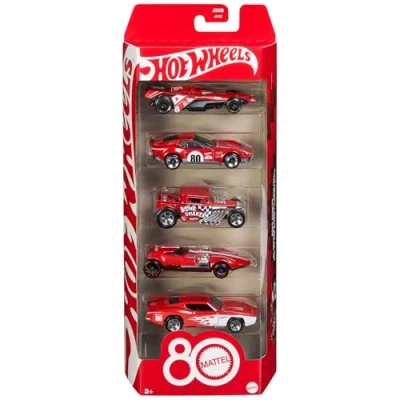Abbildung von Hot Wheels Spielzeugautos, 5er Pack Spielzeugautos im Maßstab 1:64 mit Deko und Verpackung zum Sammeln, Core Mattel 80. Jubiläum, Set 5 Fahrzeugen, JGK08