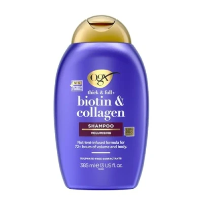 Abbildung von OGX Biotin &amp; Collagen Shampoo (385 ml), kräftigendes Haarshampoo für feines dünnes Haar, mit Vitamin B7 Kollagen, ohne Sulfate