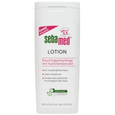 Abbildung von Sebamed Lotion 200 ml, fördert die natürliche Feuchtigkeit der Haut, macht sie glatter und geschmeidiger, verleiht Haut mehr Spannkraft pflegt mit Kamillenextrakt Allantoin