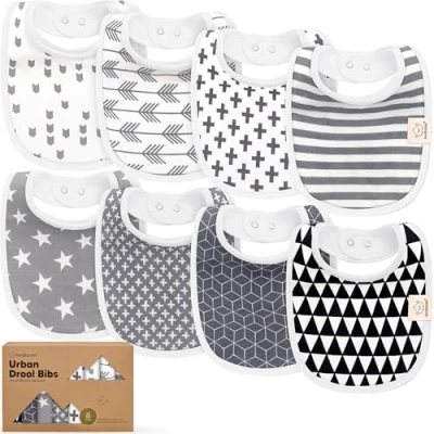 Abbildung von KeaBabies Baby Lätzchen für Jungen &amp; Mädchen 8er Pack Bio Baumwolle zum Zahnen Junge groß Säugling, Kleinkind (Grayscale)