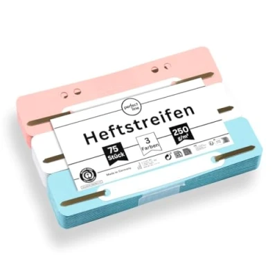 Abbildung von perfect line 75 Heftstreifen Pappe, recycling Karton, 250 g/m², MADE IN GERMANY (Weiß, Rosa, Hellblau)