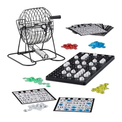 Abbildung von Relaxdays 10021014 Bingo Spiel mit Metalltrommel HxBxT: 20 x 17,5 21,5 cm Bingotickets, Loskugeln, Chips, Spielbretter, schwarz