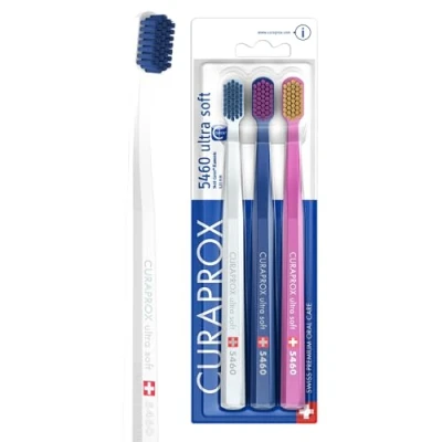 Abbildung von Curaprox Zahnbürste Set CS 5460 3er Pack Ultra Soft Handzahnbürste für Erwachsene mit super weichen CUREN Borsten Weiß, Dunkelblau, Rosa