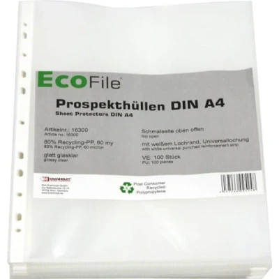 Abbildung von Prospekthülle A4 / 100 Stück/nachhaltig aus Post Consumer Recycling PP 60 my glatt glasklar, mit Abheftrand, Schmalseite oben offen (60my)