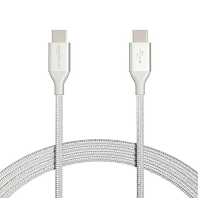 Abbildung von Amazon Basics Schnellladekabel, USB C auf 2.0, mit Nylongeflecht umwickelt, 480 MBit/s, IF zertifiziert, für Apple iPhone 15, iPad, Samsung Galaxy, Tablets, Laptops, 3 m, silberfarben