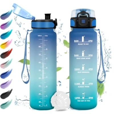 Abbildung von Trinkflasche Sport 1L, Auslaufsicher Wasserflasche Kohlensäure Geeignet, mit Zeitmarkierung, Filter, Sportflasche für Oudoor, Sprudel Camping, Fahrrad, Fitness