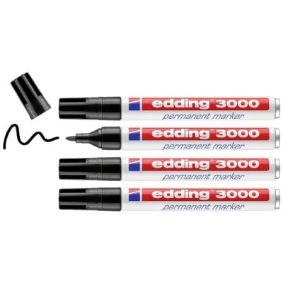 Abbildung von edding 3000 Permanentmarker schwarz 4 Stifte Rund Spitze 1,5 3 mm schnell trocknender Permanent Marker wasserfest, wischfest für Karton, Kunststoff, Holz, Metall Universalmarker