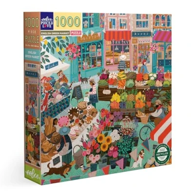 Abbildung von eeBoo English Green Market 1000 Teile aus recyceltem Karton Buntes Puzzle auf dem Dorfmarkt PZTEGM, grün