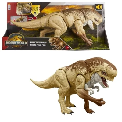 Abbildung von Mattel Jurassic World: Die Wiedergeburt Bösewicht Dino Doppelattacke Dinosaurier Actionfigur, 56 cm, mit 2 Angriffsaktionen, originalgetreu, digitales Spiel, JJP79, [Mehrfarbig]