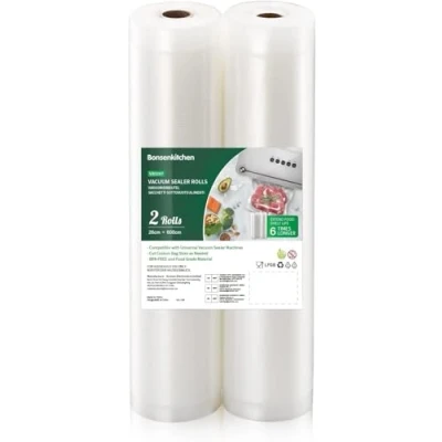 Abbildung von Bonsenkitchen Vakuumrollen 2 Rollen 28x600cm Vakuumierfolie Profi Vakuumbeutel für Vakuumierer &amp; Lebensmittel Vakuumiergerät, BPA frei, Kochfest und Sous Vide Gefrierbeutel, VB3207