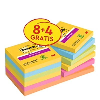 Abbildung von Post it Super Sticky Notes Carnival Collection, Vorteilspackung mit 8 Blöcken + 4 Gratisblöcke, 90 Blatt pro Block, 76 mm x mm, Gelb, Blau. Grün, Pink. Orange Extra stark klebende Notizzettel
