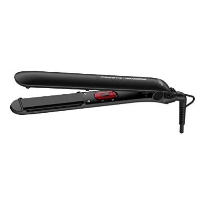 Abbildung von Rowenta SF161L x Karl Lagerfeld Easyliss Haarglätter, Ein Knopf Bedienung, Keramik Turmalin Beschichtung, bewegliches Platten System, Straight &amp; Curl Funktion, konstante 200C, Schwarz/Rot, 1 Stück