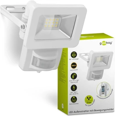 Abbildung von goobay 53878 LED Strahler Bewegungsmelder Außen 10W / PIR Sensor Außenstrahler IP44 Neutralweißes Licht 850 lm/LED Scheinwerfer Fluter Wandmontage/Gartenstrahler/Weiß