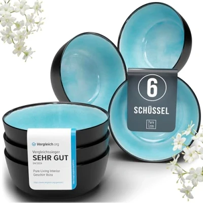 Abbildung von Steingut Müslischalen 6 Pers. Ibiza Hochwertiges Mediterranes TEST SEHR GUT Müsli Schüssel Set, spülmaschinen , mikrowellen und Kratzfest Kleine Schüsseln, Müslischale Pure Living in Aquamarin