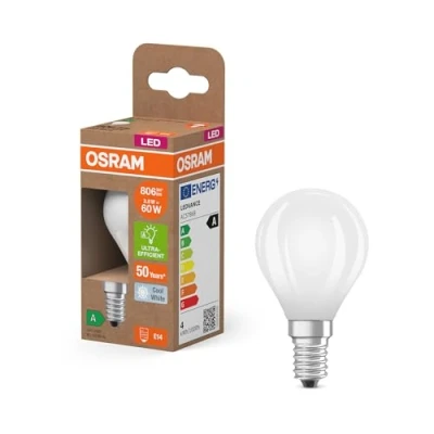 Abbildung von Osram Energy Class LED Lampe in klassischer Miniballform, 3.8 W / 806 lm, EEK A, kaltweißes Licht (4000 K), CRI 80, aus gefrostetem bleifreiem Glas, E14 Sockel, IP20, 45 mm Durchmesser.
