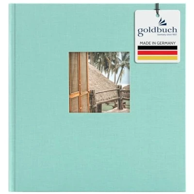 Abbildung von goldbuch 27507 Fotoalbum mit Fensterausschnitt, Bella Vista Trend, Erinnerungsalbum 30 x 31 cm, Foto Album 60 weiße Seiten Pergamin Trennblättern, Fotobuch aus Leinen, Aqua