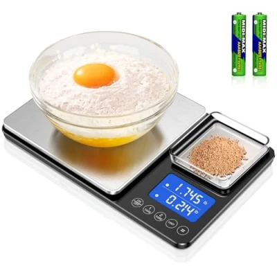 Abbildung von Küchenwaage Digital mit Dual Plattform,7 Einheiten,15kg/33 lbs, LCD Display,Tara Funktion,Digitalwaage zwei Messbereichen,Präzise Briefwaage,Feinwaage für Sauerteigbrot Backen Kochen Doppelwaage