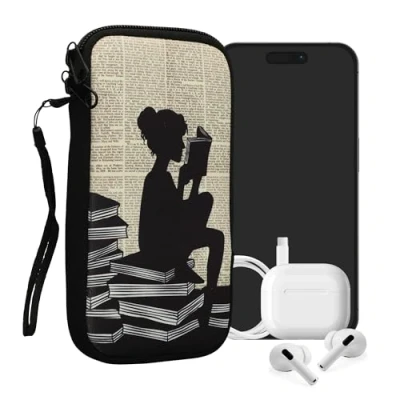 Abbildung von kwmobile Handytasche für Smartphones XXL 7&quot; Neopren Handy Tasche Hülle Cover Case Schutzhülle Lesende Frau Schwarz Beige 17,7 x 8,5 cm Innenmaße