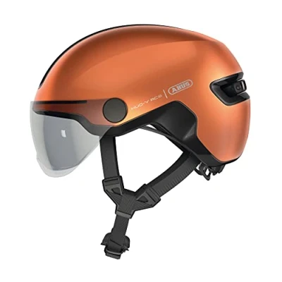 Abbildung von ABUS Stadthelm HUD Y ACE stylischer Fahrradhelm mit Visier und magnetischem, aufladbarem LED Rücklicht für Damen Herren Orange, Größe S