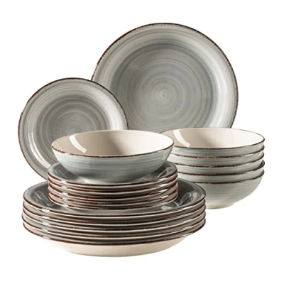 Abbildung von MÄSER 931875 Bel Tempo II, Teller Set für 6 Personen im modernen Vintage Look, 18 teiliges Tafelservice, handbemaltes Keramik Geschirr Service, Steingut, rauchblau