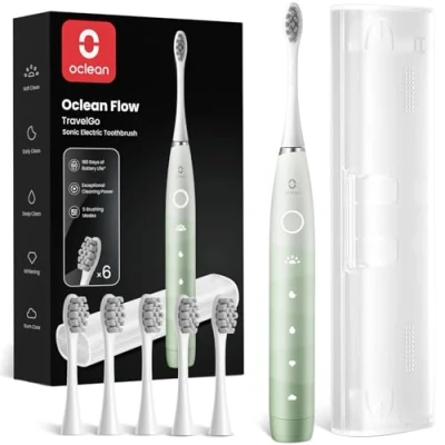Abbildung von Oclean Elektrische Zahnbürste Flow TravelGo Set, 180 Tage Akkulaufzeit Schallzahnbürste mit Reiseetui, 5 Modi Sonic Electric Toothbrush 6 Bürstenköpfen und IPX7 Wasserdicht, Grün