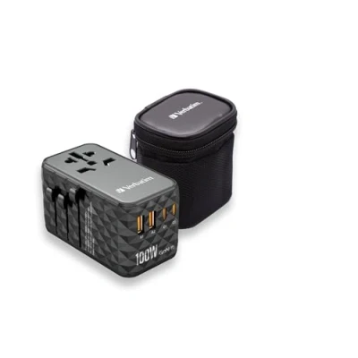 Abbildung von Verbatim GaN Universal Reiseadapter UTA‑06 100 W, Steckdosenadapter mit 2 USB‑A und USB C Anschlüssen, Schnellladegerät für Laptop, Handy, Kamera Co, Reisestecker weltweit einsetzbar, 250 V