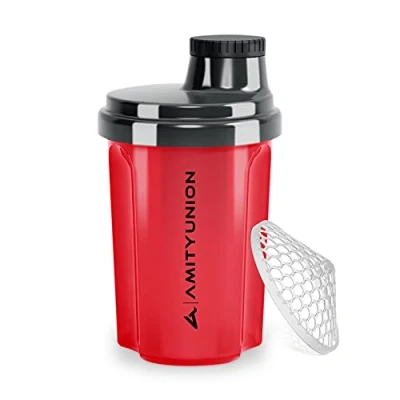 Abbildung von Protein Shaker 300 ml „Heaven“ auslaufsicher, BPA frei mit einklickbarem Sieb &amp; Skala für Cremige Whey Shakes, Gym Fitness Becher Isolate Sport Konzentrate, Eiweiß in Rot Schwarz