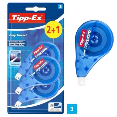 Abbildung von Tipp Ex Korrekturroller Easy Correct zum seitlichen Korrigieren, 12m x 4.2mm, 3er Pack, Ideal für das Büro, Home Office oder die Schule